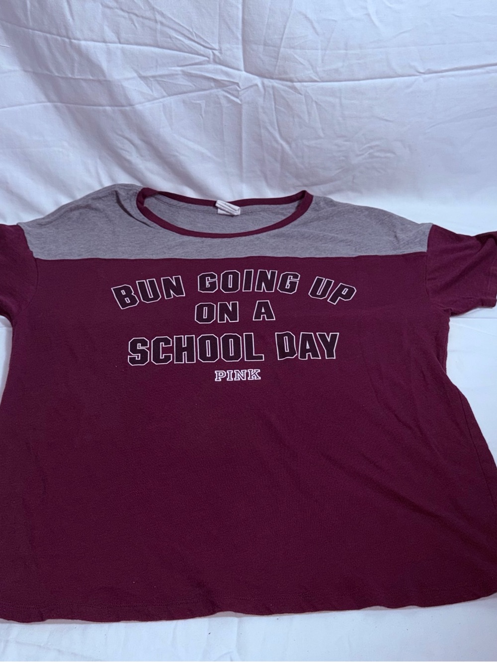 PINK Victoria's Secret Campus Graphic Tee Burgundy Gray Bun Going Up Shirt L/G